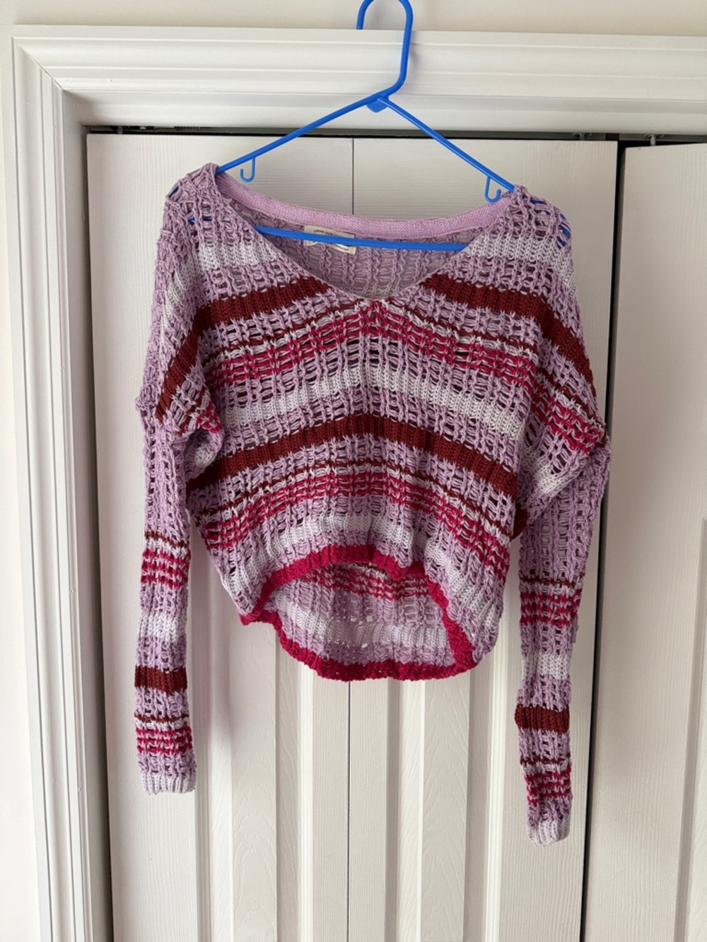 Light Purple Striped Open Knit Women's Sweater